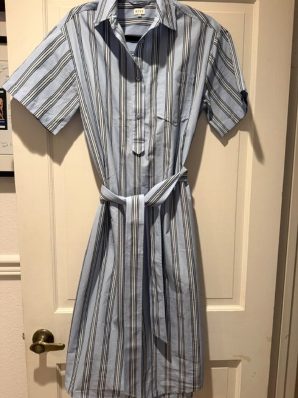 Kule Blue, Navy and White Striped Short-Sleeved Belted Shirt Dress Size XS